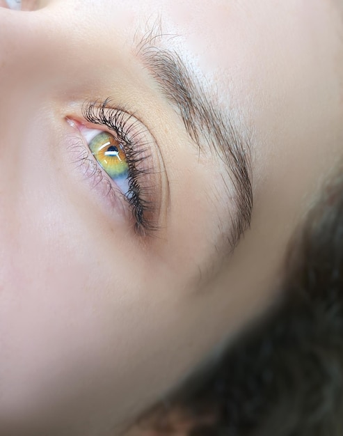 Close up of eye with eyelash extensions in beauty salon macro eye top view