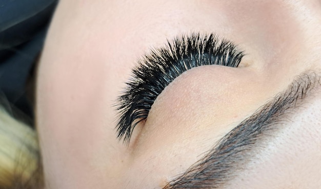 Close up of eye with eyelash extensions beauty salon treatment