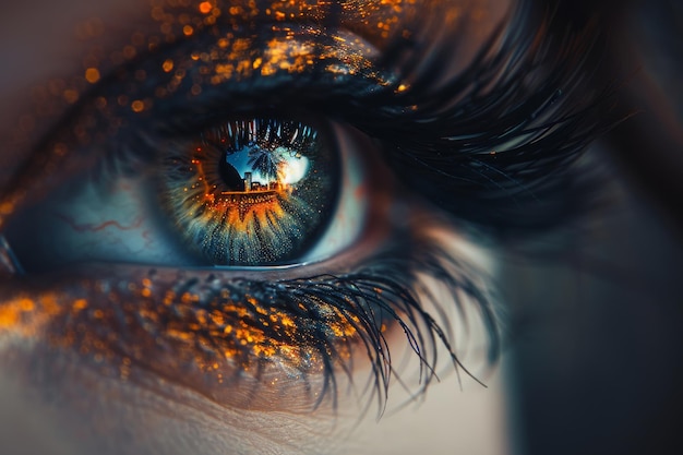 Close up of an eye with fiery orange reflections capturing the essence of a sunset cityscape in a g