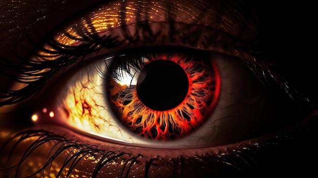 A close up of a eye with fire on the pupil.