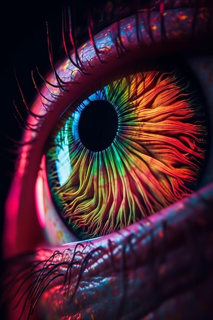 A close up of a eye with rainbow colors