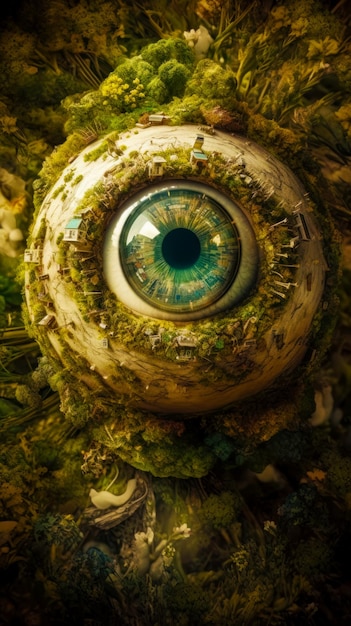 Close up of eyeball in the middle of plant covered ground Generative AI