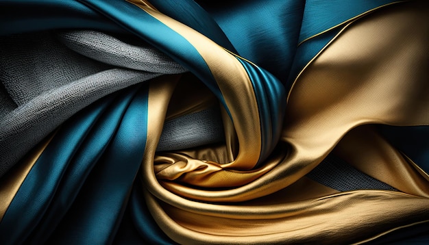 A close up of a fabric with gold and blue colors.