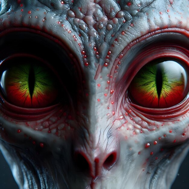 Photo close up face of an alien with different blurred eyes colored