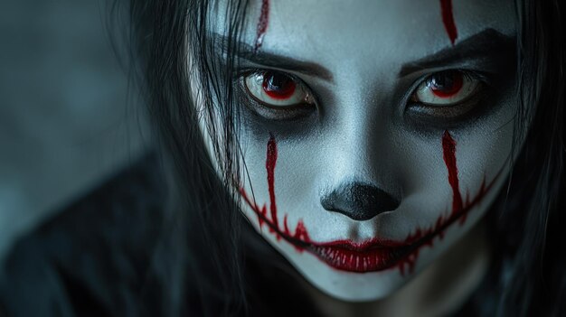 Close up of face asian woman with horror ghost makeup background wallpaper AI generated image