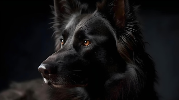 Close up face of black bohemian shepherd dog looking at something in his side very intense dark background