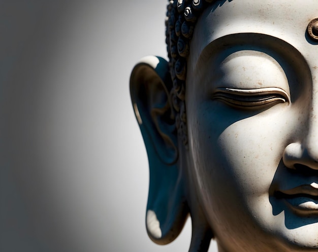 A close up of a face of Buddha with an isolated background