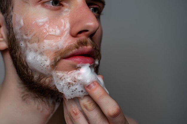 Close up of face of man applying foam on his chin with concentration Isolated on grey background