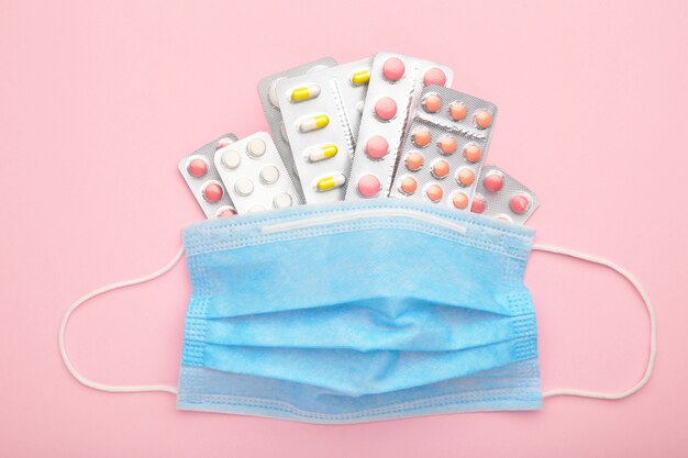 Close up of face mask with a bunch of medicine