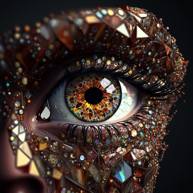 A close up of a face with a colorful eye and diamonds.