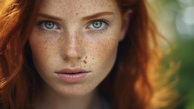 Close up face of young red ginger freckled woman with ginger hair and perfect healthy freckled skin closeup portrait of beautiful girl looking at camera with pretty cute nature