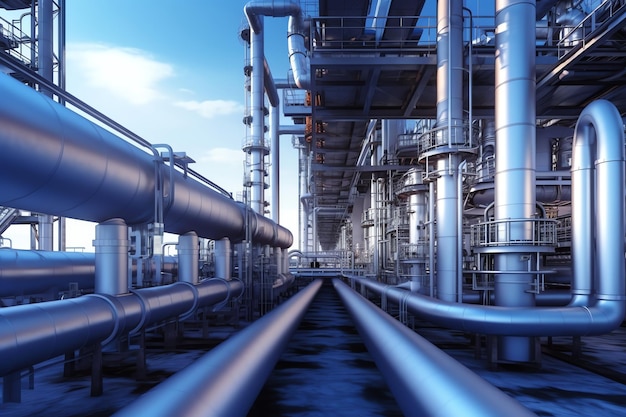 A close up of a factory with pipes and a blue sky in the background