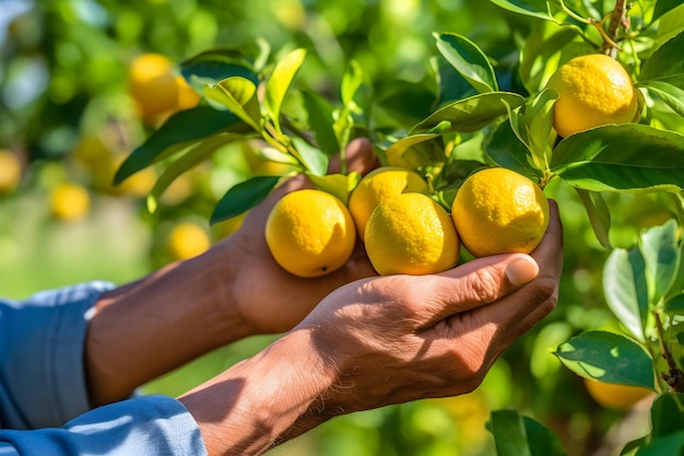 Close up of farmer male hands picking lemons fruits Organic food harvesting and farming concept Generated AI