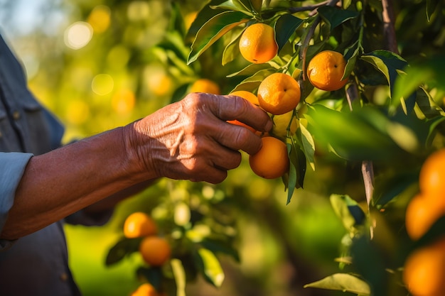 Close up of farmer male hands picking orange or mandarin fruits Organic food harvesting and farming concept Generated AI