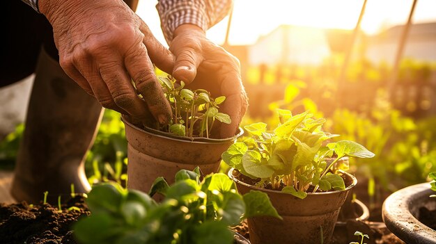 Close up of farmers hands planting seedling in pot