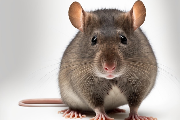 Close up of a fat grey rat isolated on a white backdrop