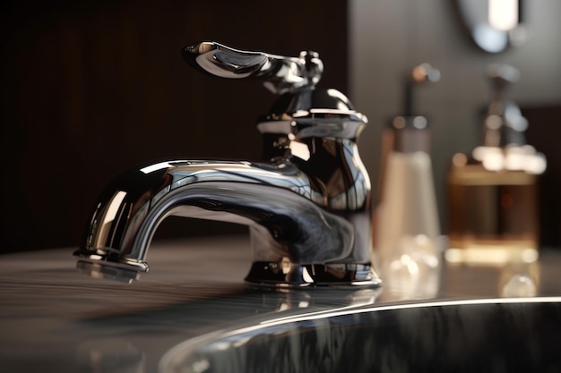 A close up of a faucet in a bathroom with a dark background.