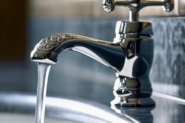 Close up of faucet with flowing water