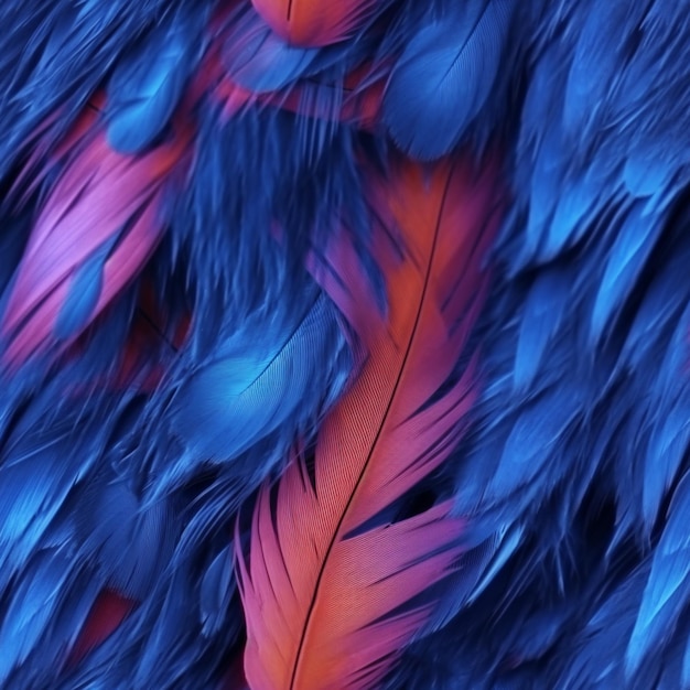 A close up of a feather with a red and blue background generative ai