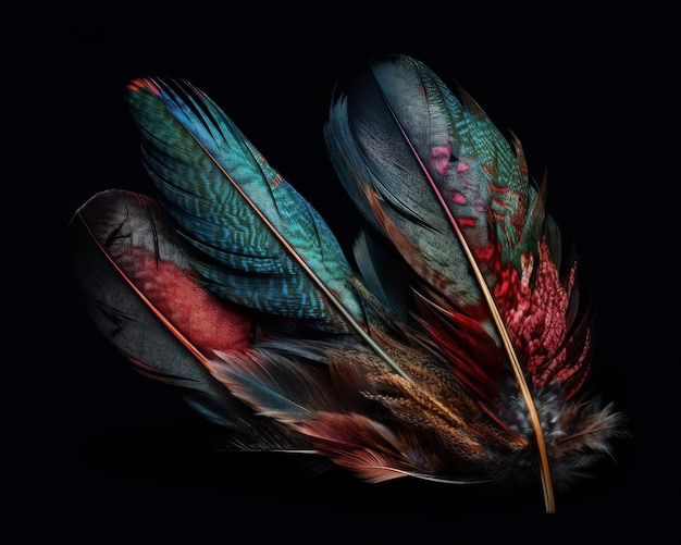 A close up of feathers that are red, green, and blue.