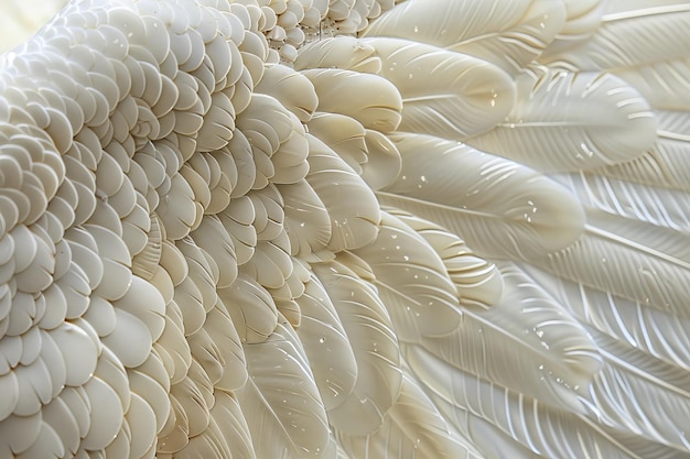 A close up of a feathery wing with many white feathers visible