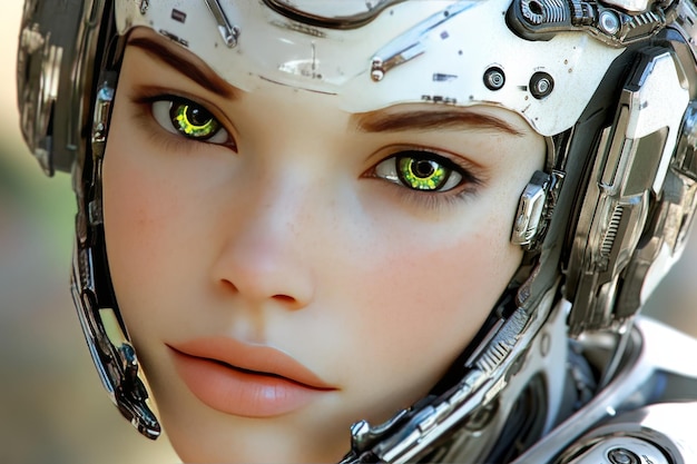 Photo close up of a female cyborgs face with green eyes emphasizing the blend of human features and robot