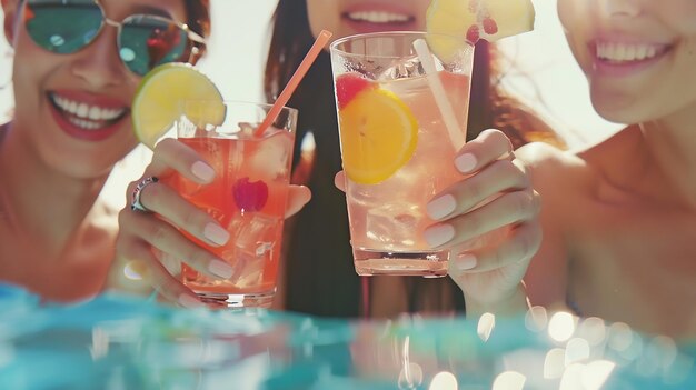 Close up of female friends having fun while toasting with cocktails on summer day at Generative AI