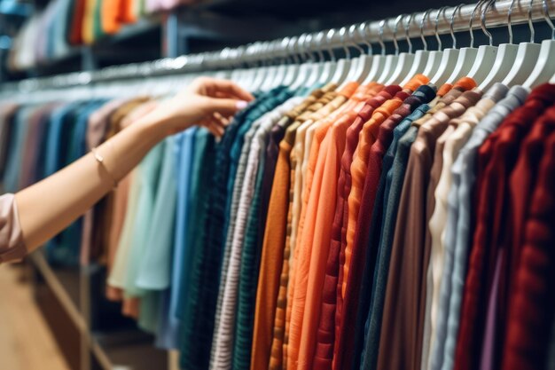 Close up of Female Hands Plucked Hanger Choosing Clothes in a Clothing Store Generative AI