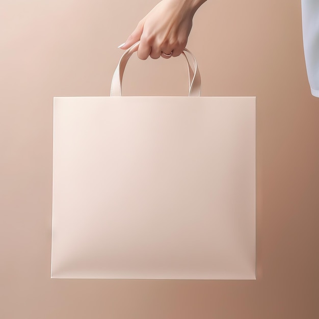 Close up female holds white clear empty blank craft paper gift bag after shopping Generative