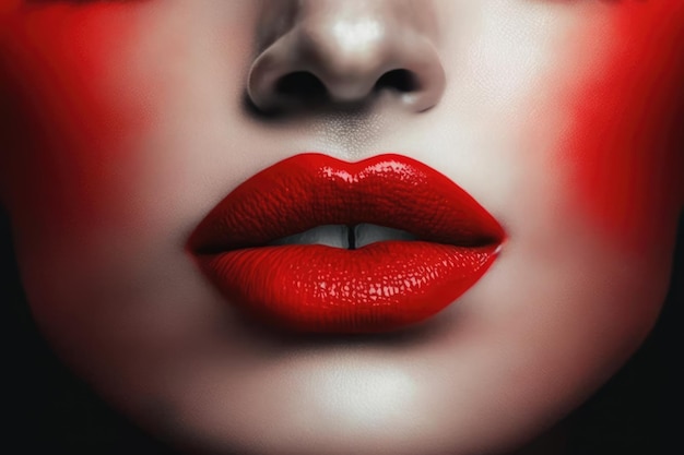 Close up of female lips with satin red lipstick created using generative ai technology