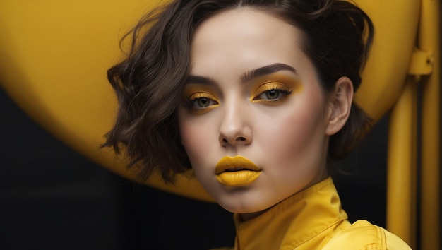 close up female model wearing yellow lipstick