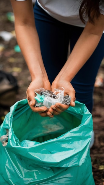 Photo close up of a female volunteers hands as she collects plastic waste into a garbage bag