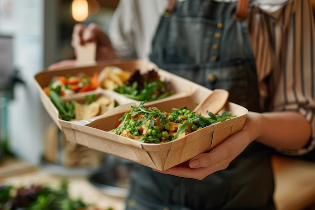 Close Up Of Female Worker in Cafe Serving Meal In Sustainable Recyclable Packaging With Wooden Spoon