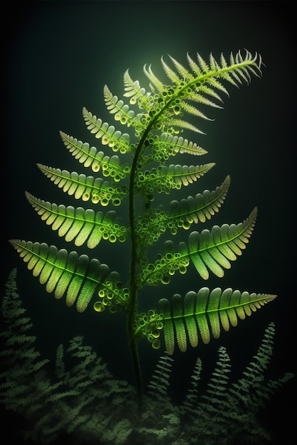 Close up of a fern leaf on a black background generative ai