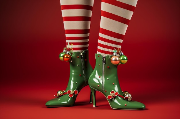 Photo close up of festive christmas elf legs with striped tights on a bright coloured background