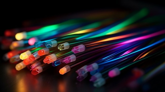 A close up of a fiber optic cable with rainbow colors.