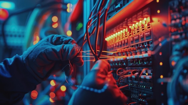 Close up of fiber optic connection repairs and maintenance performed by internet technicians