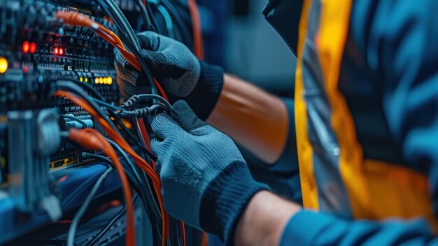 Close up of fiber optic connection repairs and maintenance performed by internet technicians