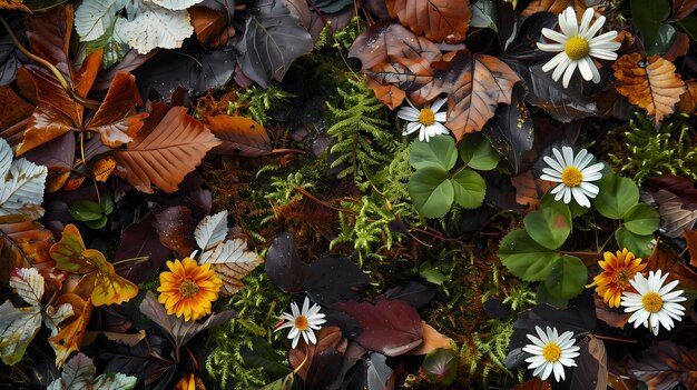 A close up of a field of flowers and leaves