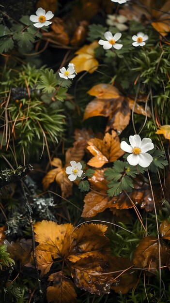 A close up of a field of flowers with leaves and stems