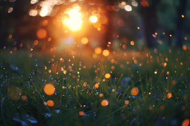 A close up of a field of grass with the sun in the background