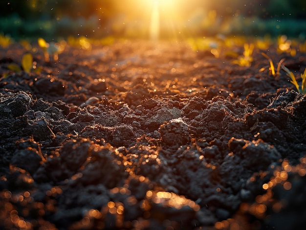 a close up of a field with a sun shining behind it