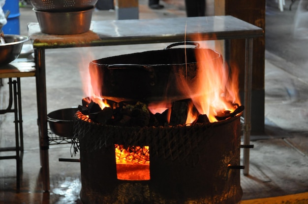 Close-up of fire in barbecue grill