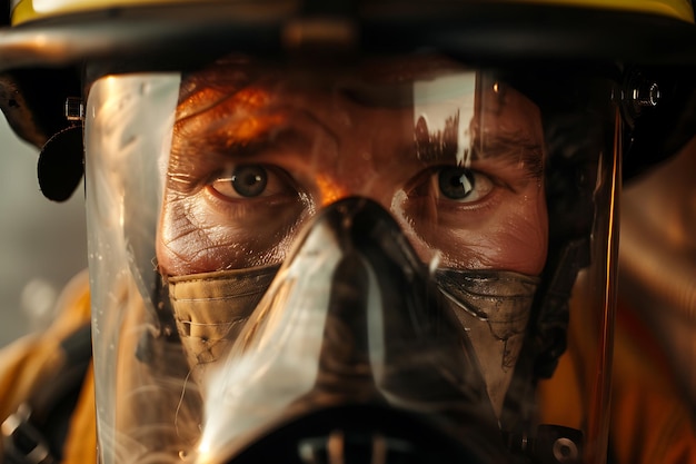 Close up of a fireman in gas mask with helmet jawline mustache and wrinkles