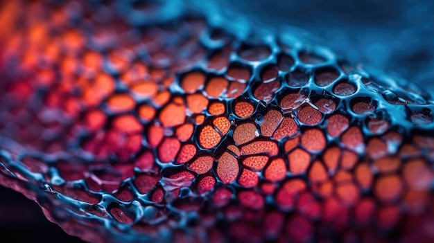 A close up of a fish's skin with a red and blue background