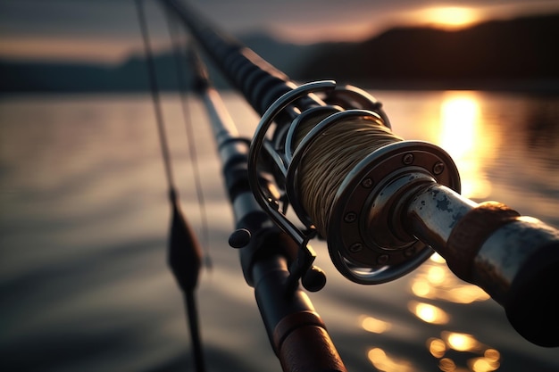 Close up of a fishing rod during the sunset AI Generation