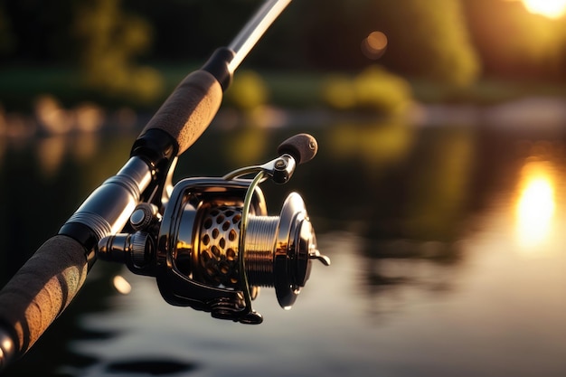 Close up of a fishing rod during the sunset AI Generation