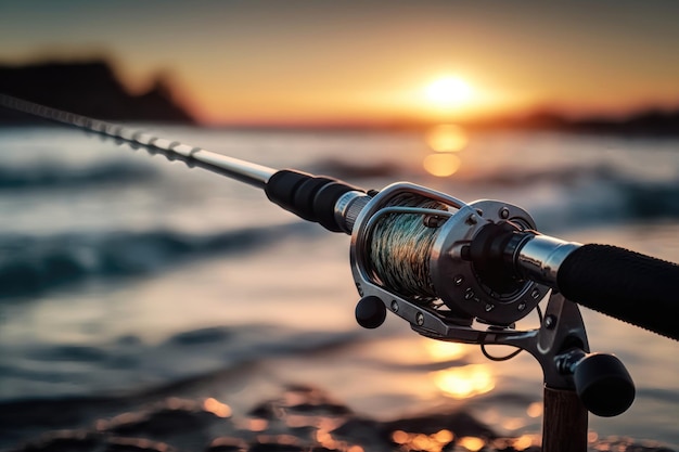 Close up of a fishing rod during the sunset AI Generation