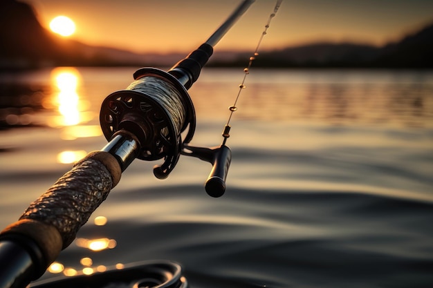 Close up of a fishing rod during the sunset AI Generation