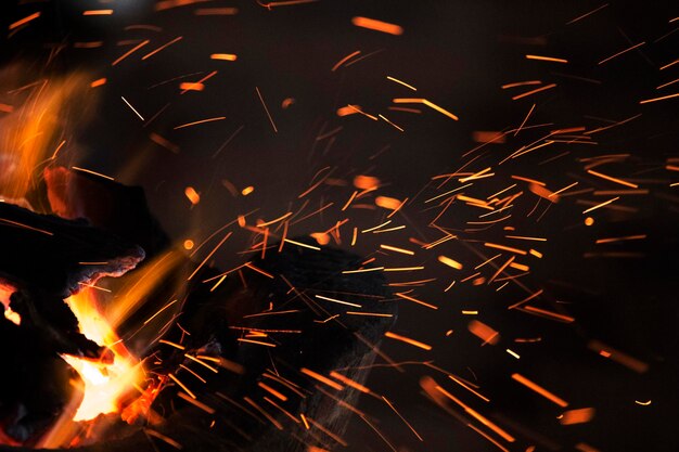 Close up flames are burning on a vintage charcoal grill